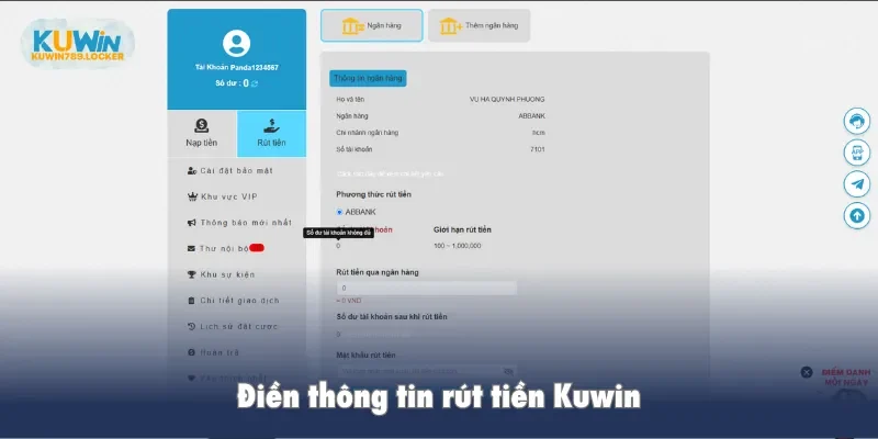 Điền thông tin rút tiền Kuwin